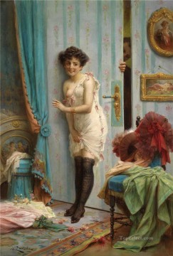 Classic Nude Painting - girl behind the door Hans Zatzka Classic nude